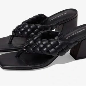 Marc Fisher Black Braided Leather Block Heel Thong Sandals